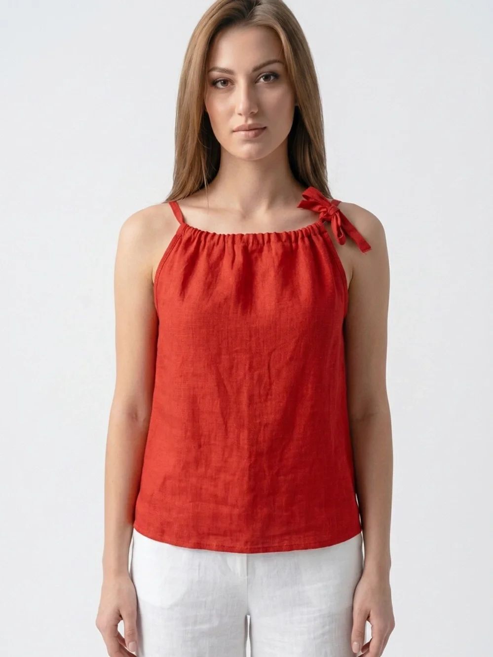 BELLAāUMBRA | 100% Linen Orange Tie Neck Sleeveless Top Womenās Size Medium